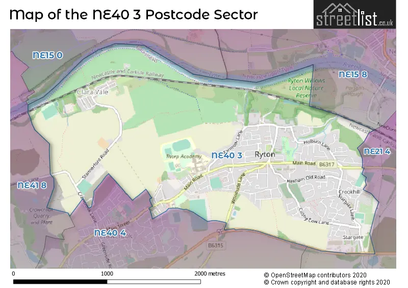 Map of the NE40 3 and surrounding postcode sector