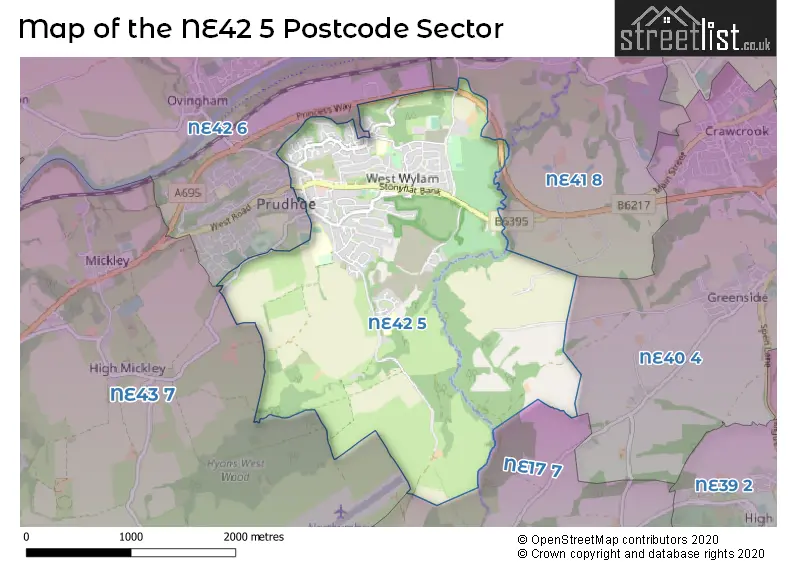 Map of the NE42 5 and surrounding postcode sector