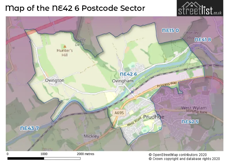 Map of the NE42 6 and surrounding postcode sector