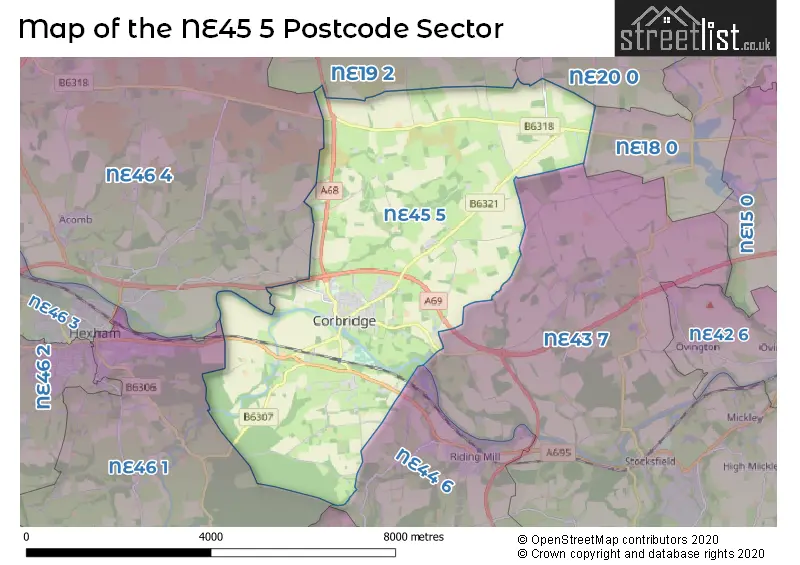 Map of the NE45 5 and surrounding postcode sector