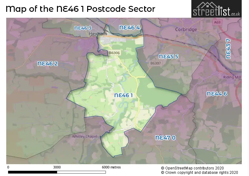 Map of the NE46 1 and surrounding postcode sector