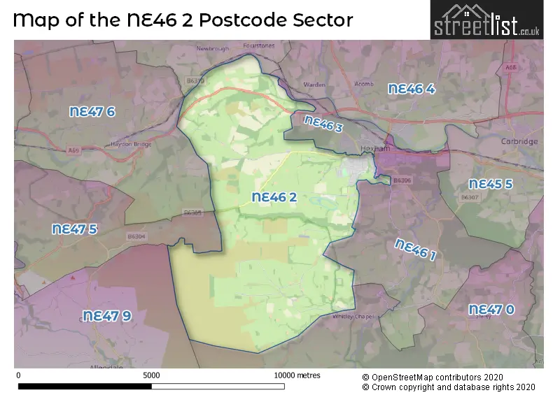 Map of the NE46 2 and surrounding postcode sector