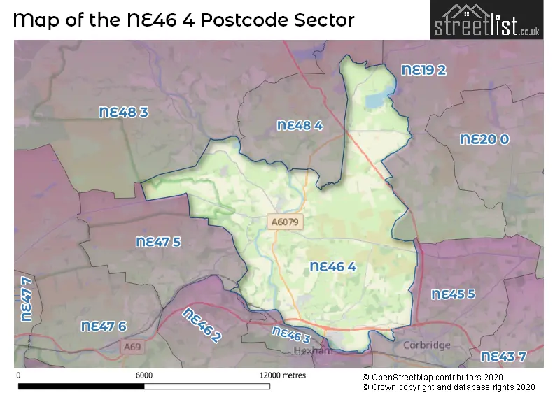 Map of the NE46 4 and surrounding postcode sector