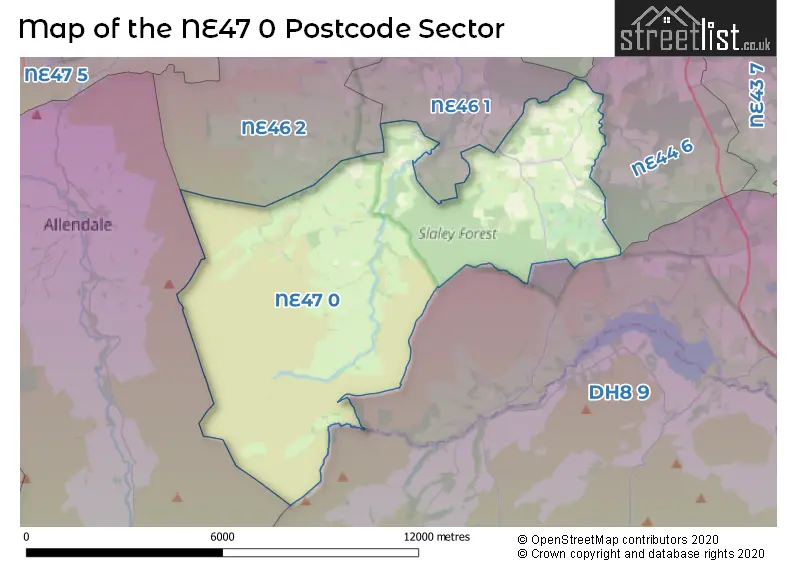 Map of the NE47 0 and surrounding postcode sector