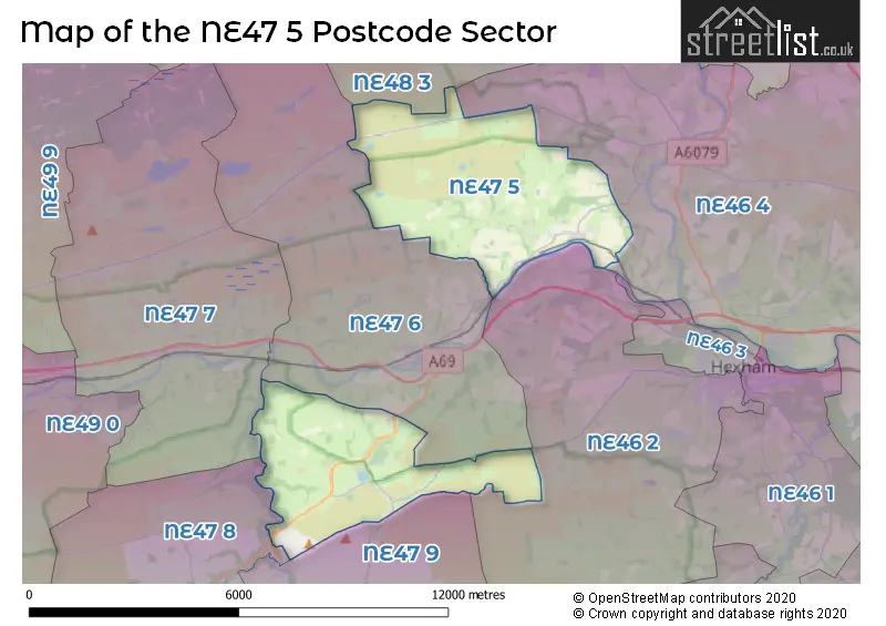 Map of the NE47 5 and surrounding postcode sector