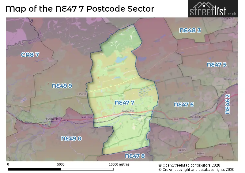 Map of the NE47 7 and surrounding postcode sector