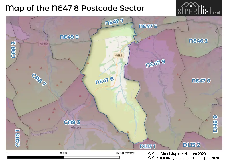 Map of the NE47 8 and surrounding postcode sector