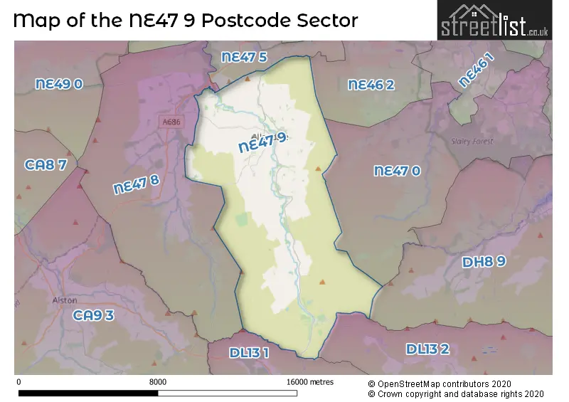 Map of the NE47 9 and surrounding postcode sector