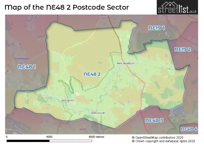 Map of the NE48 2 and surrounding postcode sector