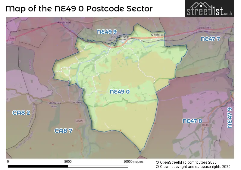 Map of the NE49 0 and surrounding postcode sector