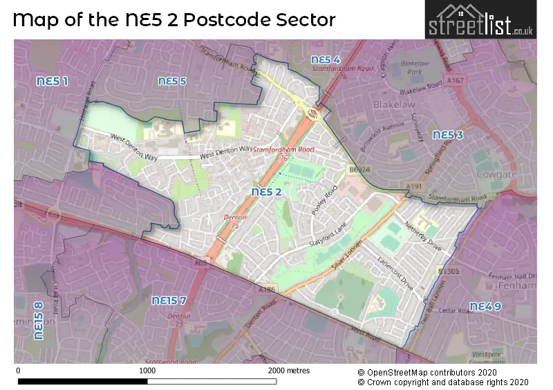 Map of the NE5 2 and surrounding postcode sector