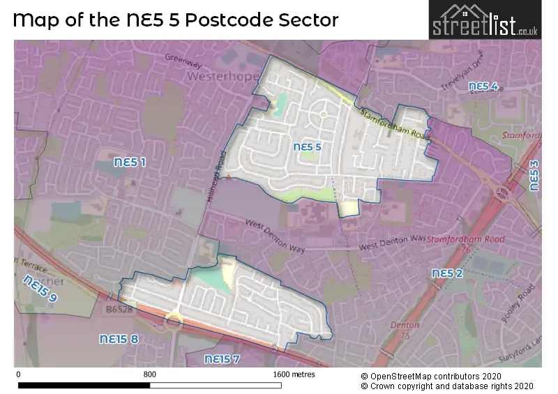 Map of the NE5 5 and surrounding postcode sector