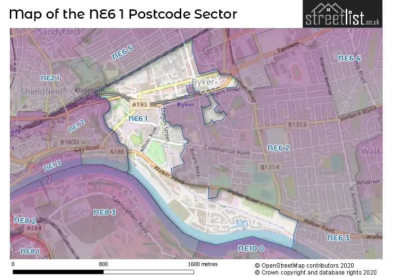 Map of the NE6 1 and surrounding postcode sector