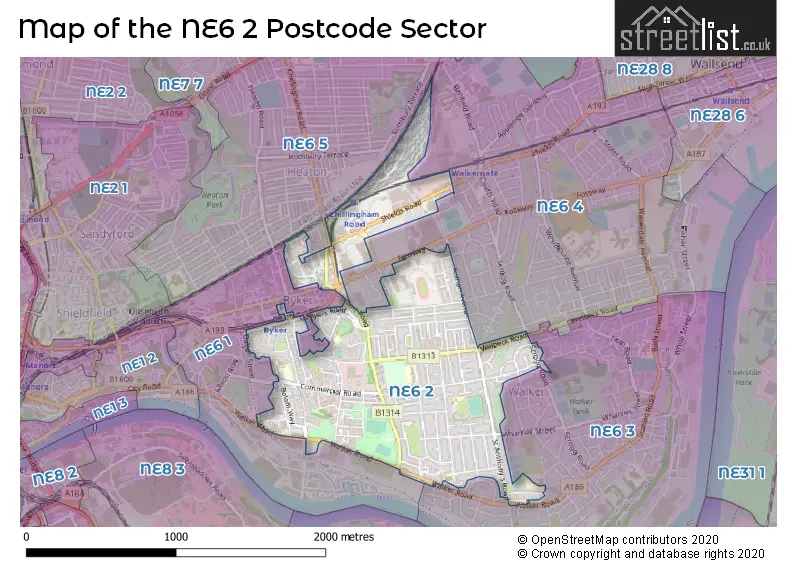 Map of the NE6 2 and surrounding postcode sector