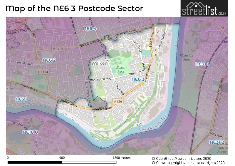 Map of the NE6 3 and surrounding postcode sector
