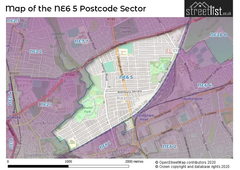 Map of the NE6 5 and surrounding postcode sector