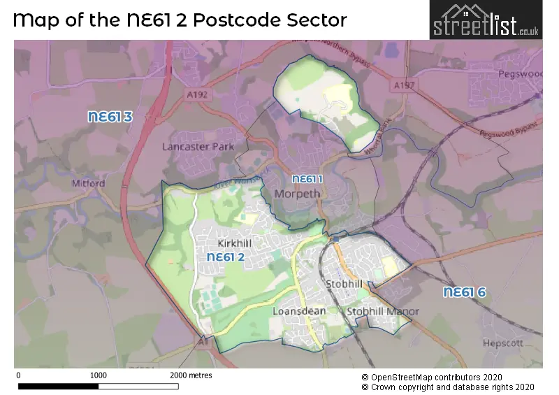 Map of the NE61 2 and surrounding postcode sector