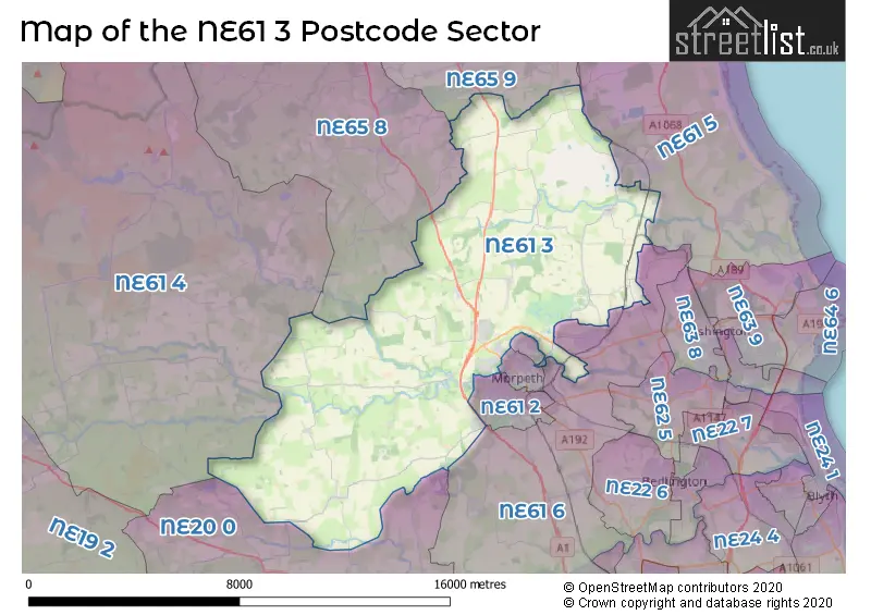 Map of the NE61 3 and surrounding postcode sector