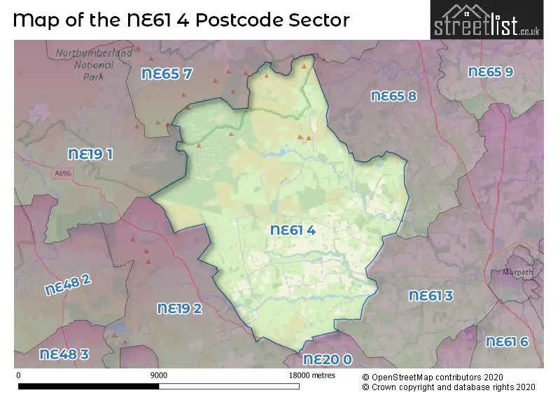 Map of the NE61 4 and surrounding postcode sector