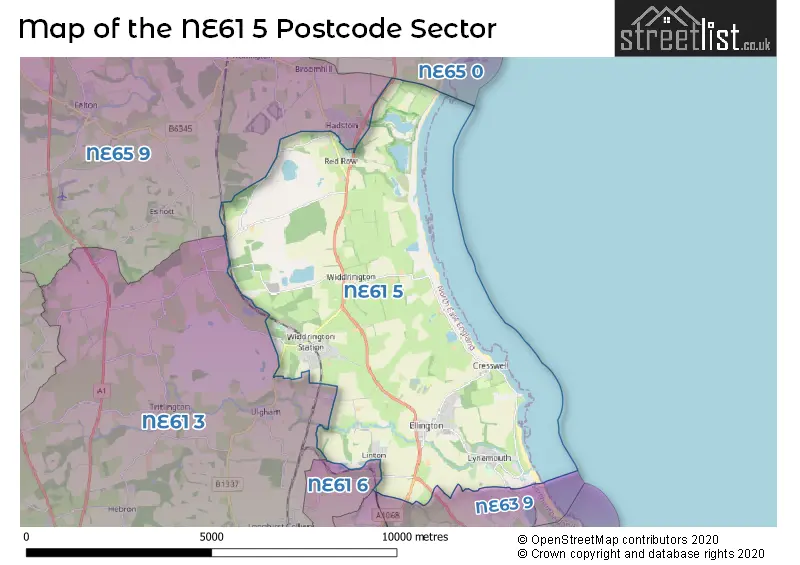 Map of the NE61 5 and surrounding postcode sector