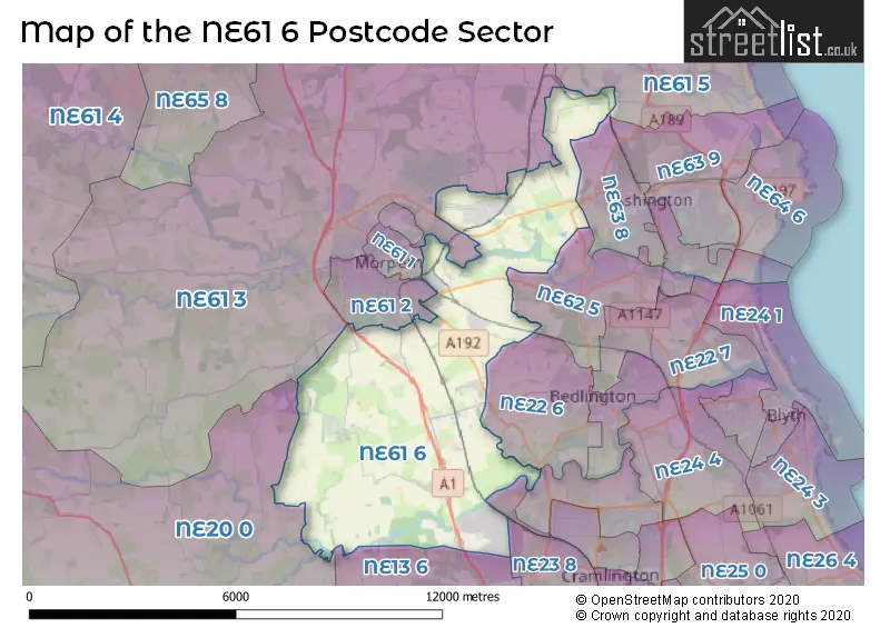 Map of the NE61 6 and surrounding postcode sector
