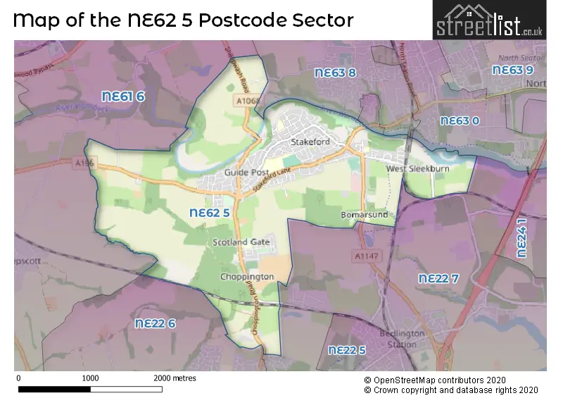 Map of the NE62 5 and surrounding postcode sector