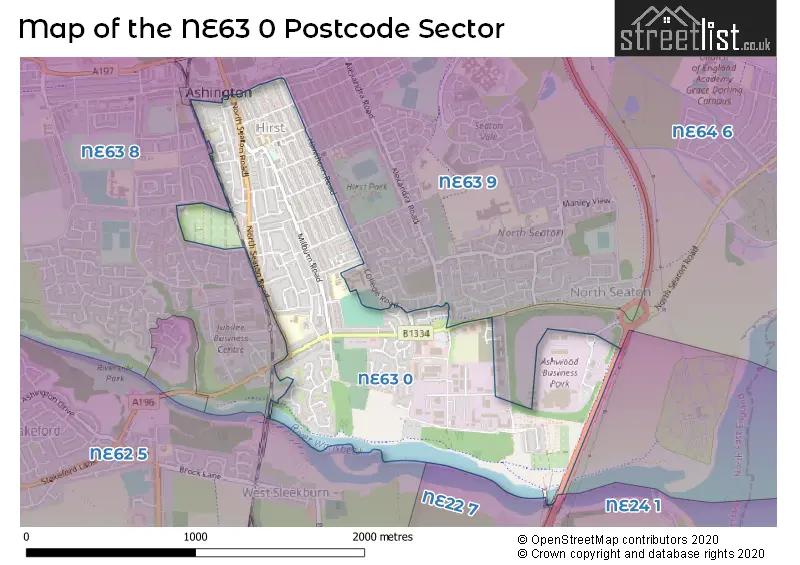 Map of the NE63 0 and surrounding postcode sector