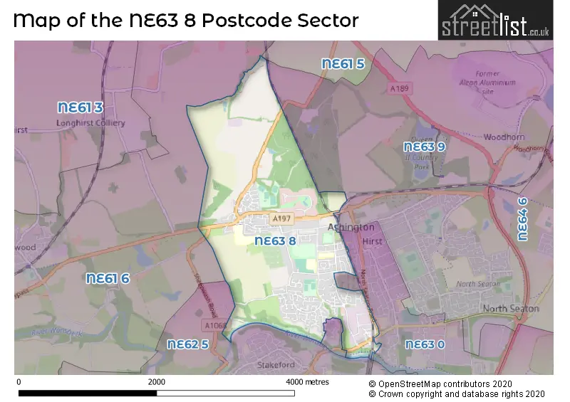 Map of the NE63 8 and surrounding postcode sector
