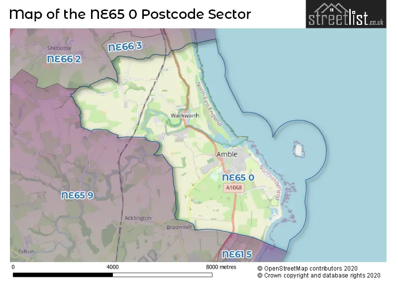 Map of the NE65 0 and surrounding postcode sector