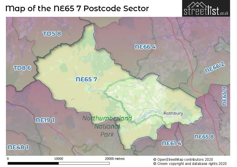 Map of the NE65 7 and surrounding postcode sector
