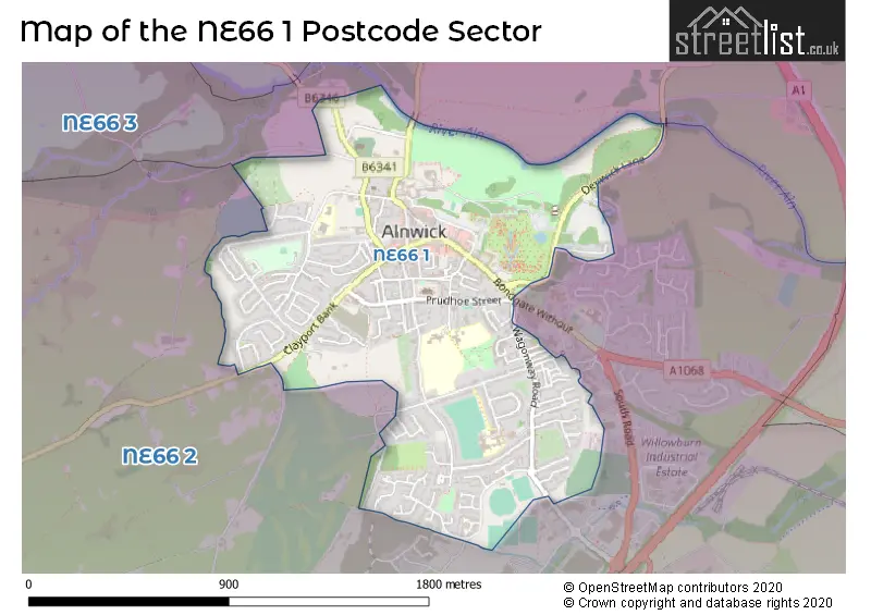 Map of the NE66 1 and surrounding postcode sector