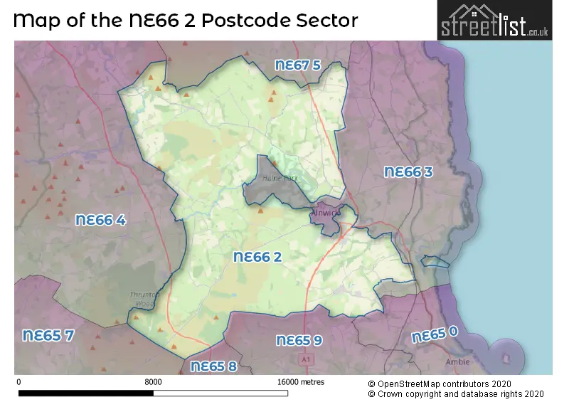 Map of the NE66 2 and surrounding postcode sector
