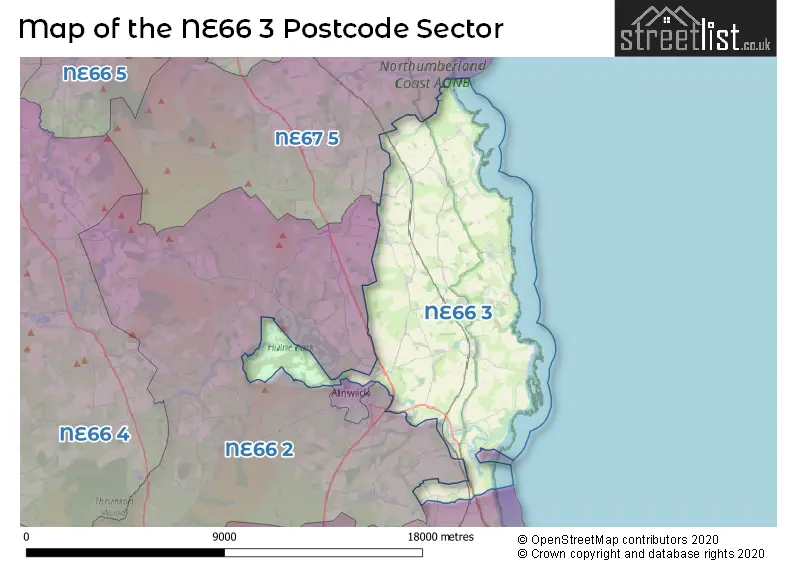 Map of the NE66 3 and surrounding postcode sector