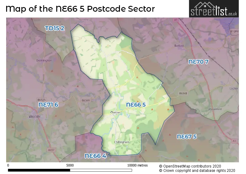 Map of the NE66 5 and surrounding postcode sector