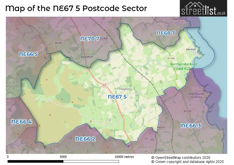 Map of the NE67 5 and surrounding postcode sector