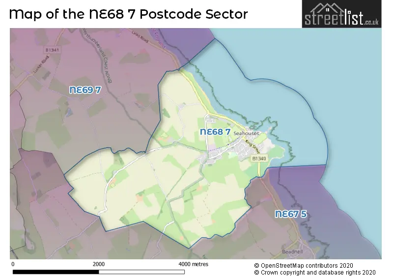 Map of the NE68 7 and surrounding postcode sector