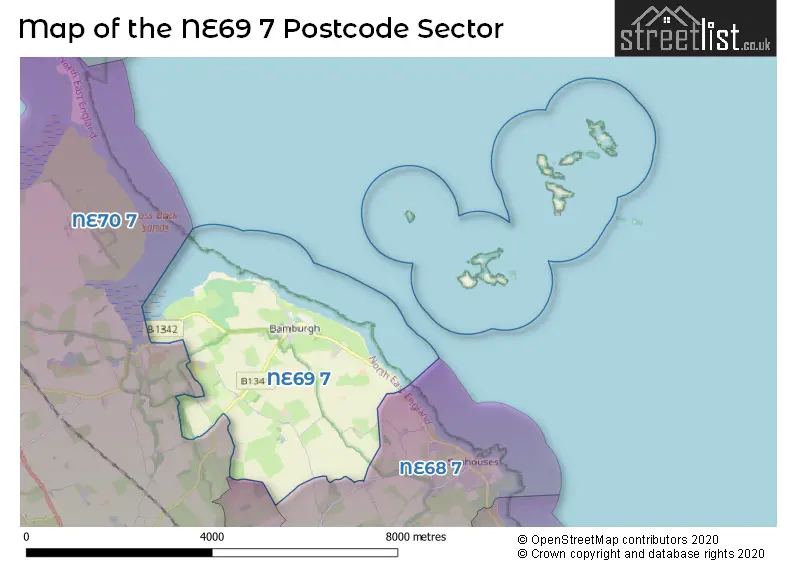 Map of the NE69 7 and surrounding postcode sector