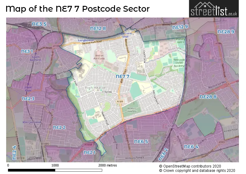 Map of the NE7 7 and surrounding postcode sector
