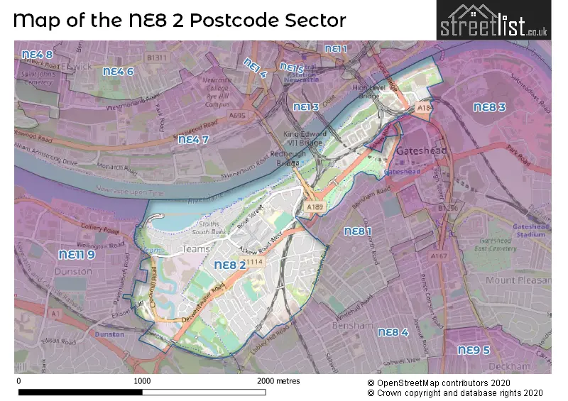 Map of the NE8 2 and surrounding postcode sector