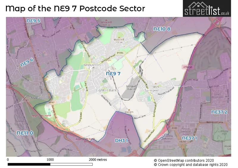 Map of the NE9 7 and surrounding postcode sector