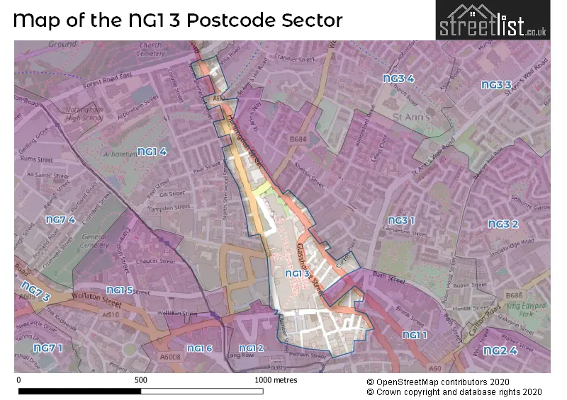 Map of the NG1 3 and surrounding postcode sector