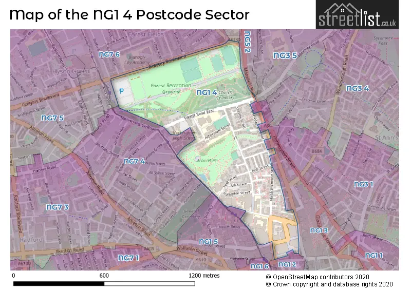 Map of the NG1 4 and surrounding postcode sector
