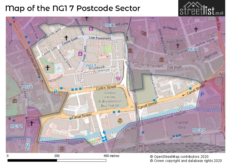Map of the NG1 7 and surrounding postcode sector