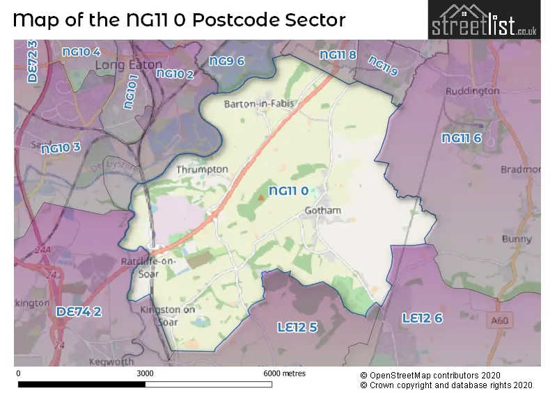 Map of the NG11 0 and surrounding postcode sector