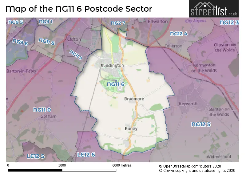 Map of the NG11 6 and surrounding postcode sector