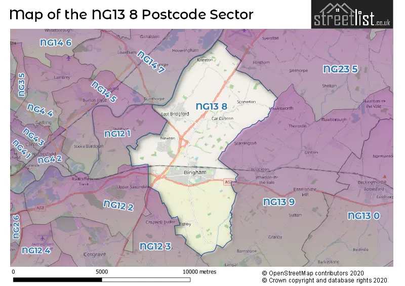 Map of the NG13 8 and surrounding postcode sector
