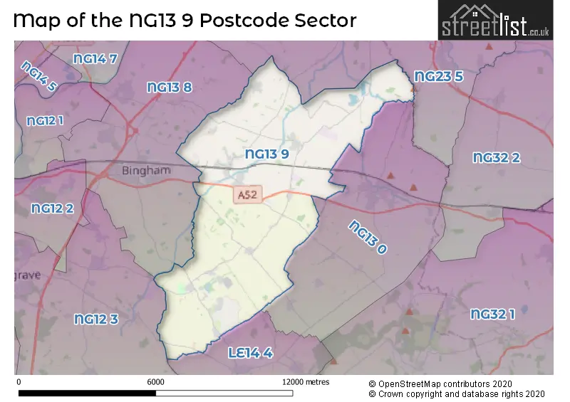 Map of the NG13 9 and surrounding postcode sector
