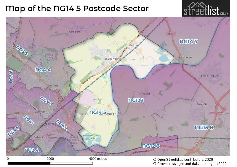 Map of the NG14 5 and surrounding postcode sector