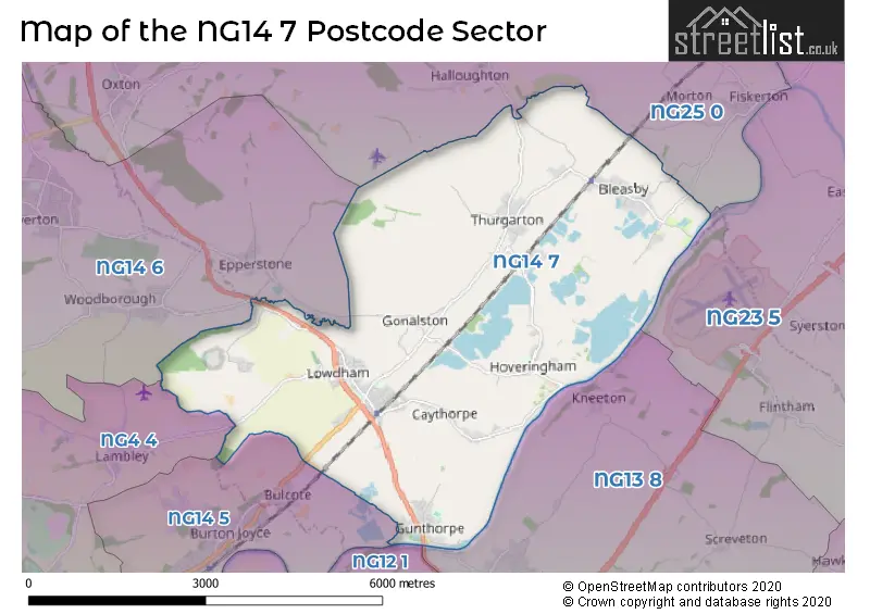Map of the NG14 7 and surrounding postcode sector