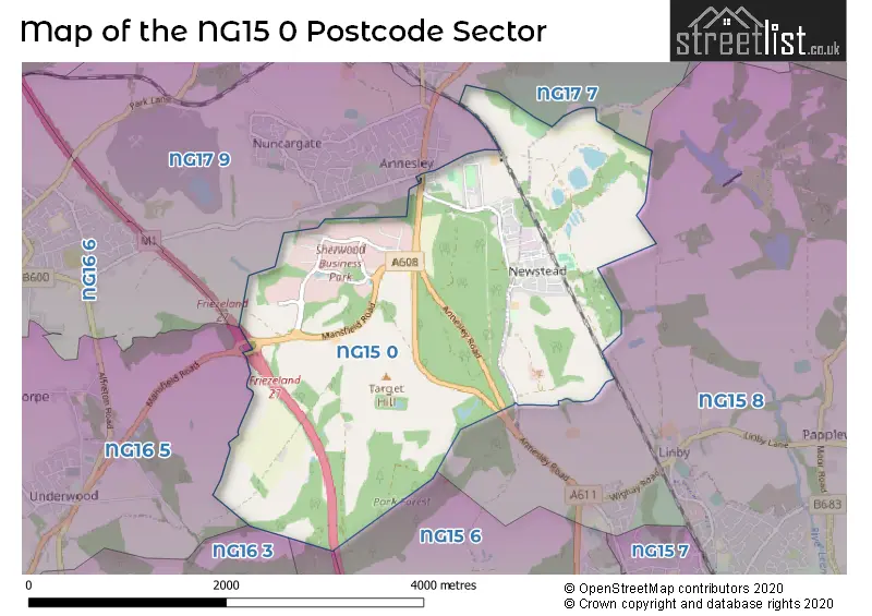 Map of the NG15 0 and surrounding postcode sector